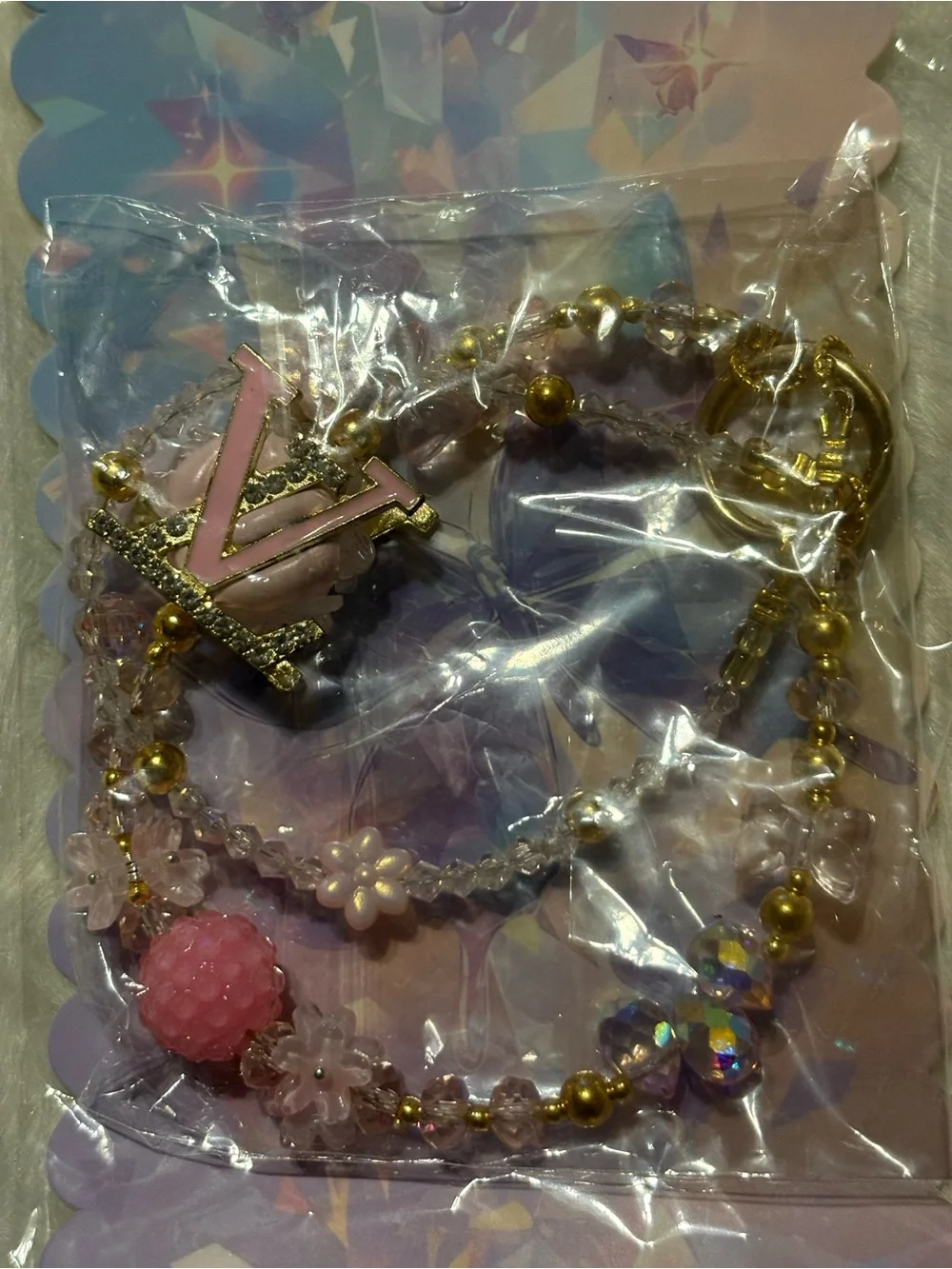 LV Pink Beaded Keychain/Purse/Phone Charm with Gold Accents